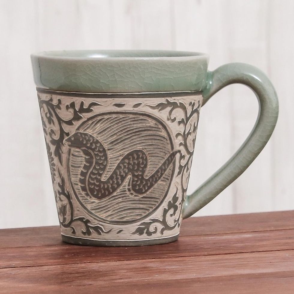 Hand Crafted Ceramic Mug with Snake from Thailand 'Thai Zodiac Snake'