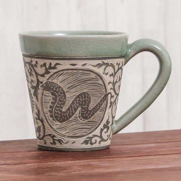 Alternate image for Hand Crafted Ceramic Mug with Snake from Thailand Thai Zodiac Snake