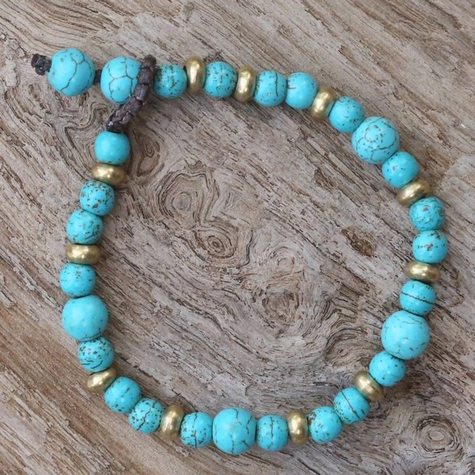 Brass and Calcite Beaded Bracelet from Thailand 'Beautiful Thai in Light Blue'