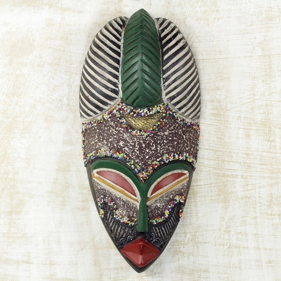 Colorful Wood and Metal Mask with Recycled Glass Beads 'Pride of a Queen'