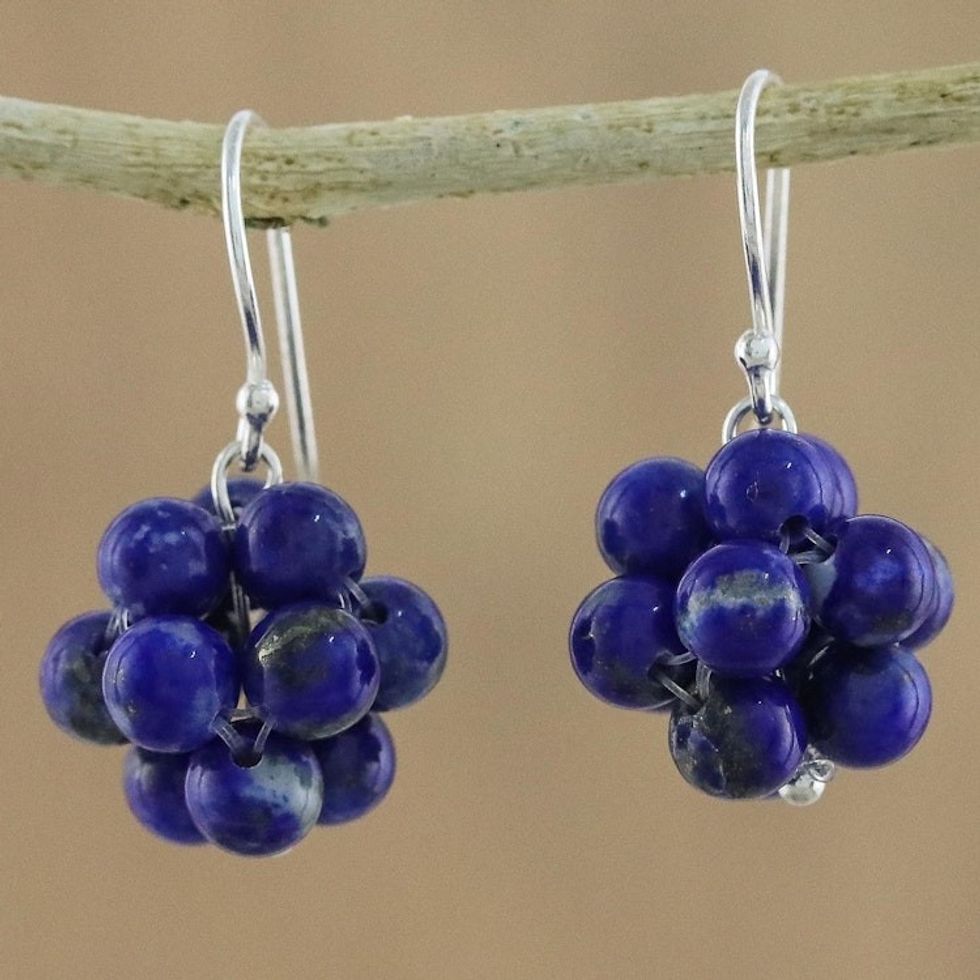 Lapis Lazuli Cluster Dangle Earrings from Thailand 'Blue Grapes'
