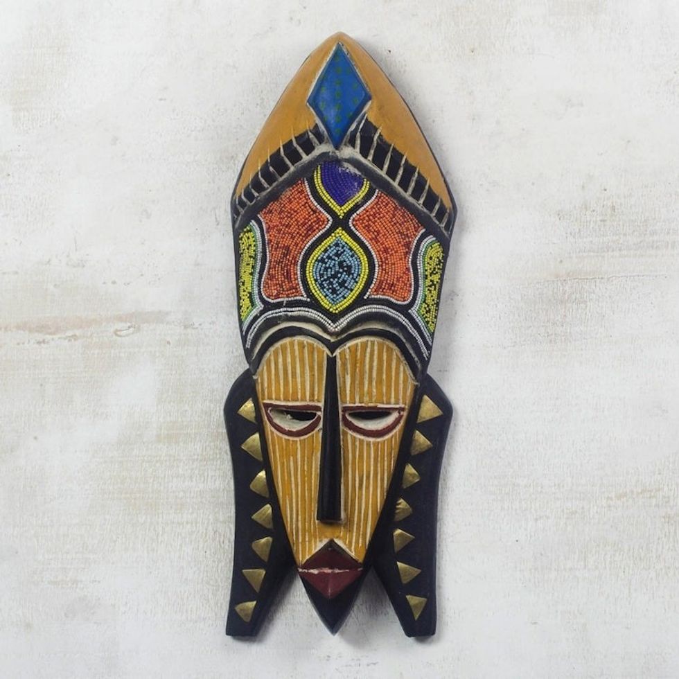 Sese Wood and Brass and Recycled Glass Beaded Mask 'Sithembiso'