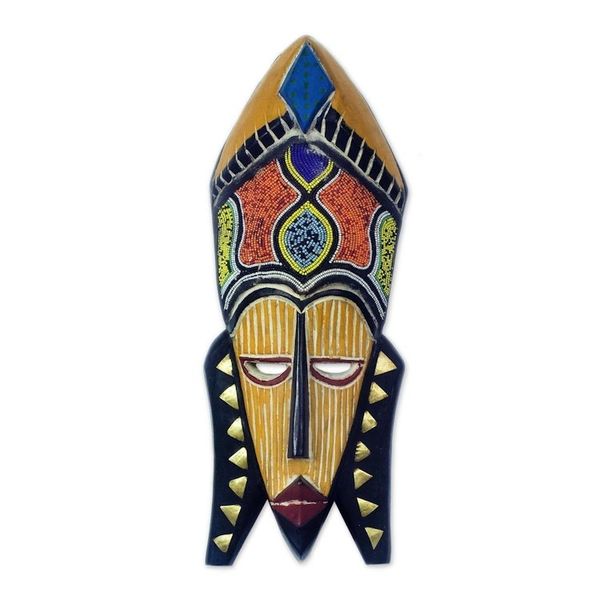 Alternate image for Sese Wood and Brass and Recycled Glass Beaded Mask Sithembiso