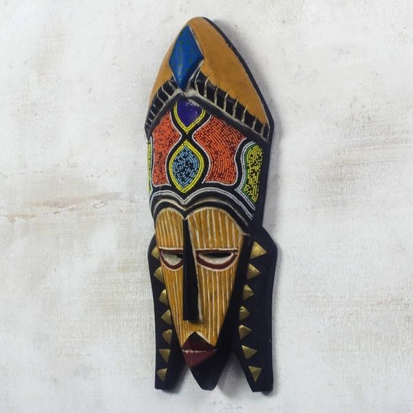 Alternate image for Sese Wood and Brass and Recycled Glass Beaded Mask Sithembiso