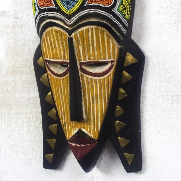 Alternate image for Sese Wood and Brass and Recycled Glass Beaded Mask Sithembiso