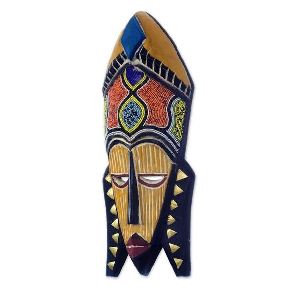 Alternate image for Sese Wood and Brass and Recycled Glass Beaded Mask Sithembiso
