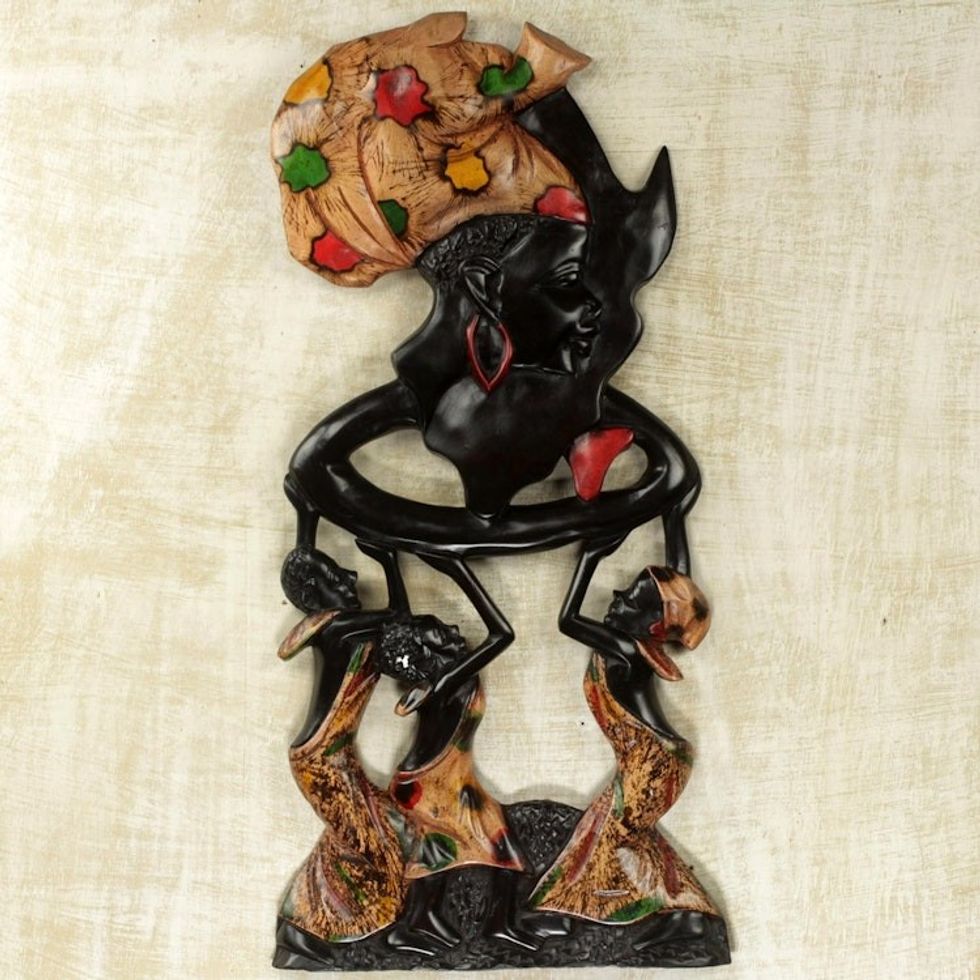 Ghana Hand Carved Multicolor Cultural Wood Wall Art 'Raising Mother Africa'