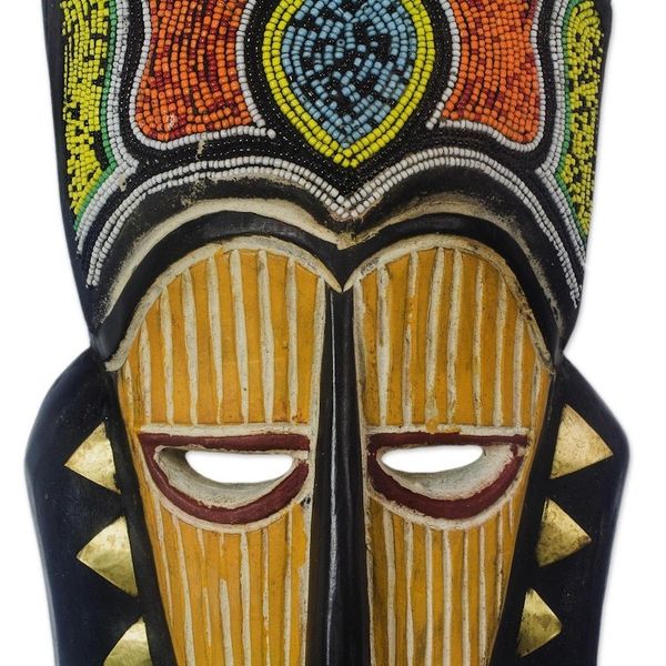 Alternate image for Sese Wood and Brass and Recycled Glass Beaded Mask Sithembiso