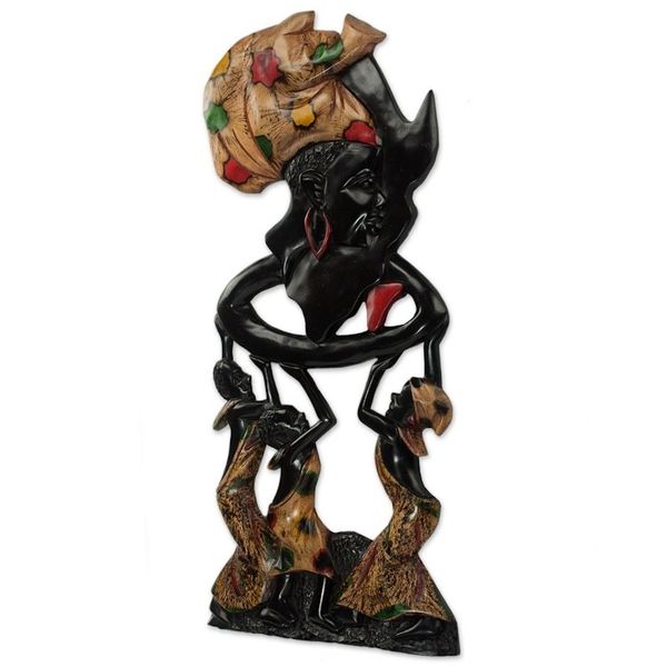 Alternate image for Ghana Hand Carved Multicolor Cultural Wood Wall Art Raising Mother Africa
