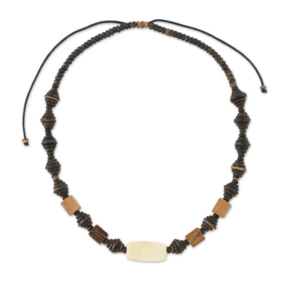 Wood and Coconut Shell Beaded Necklace from Thailand 'Thai Woodland'