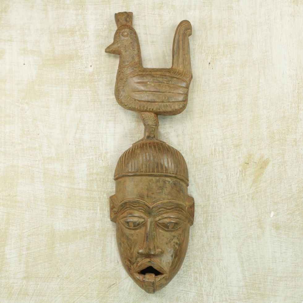 Handcrafted Sese Wood Wall Mask from Ghana 'Rooster Friend'