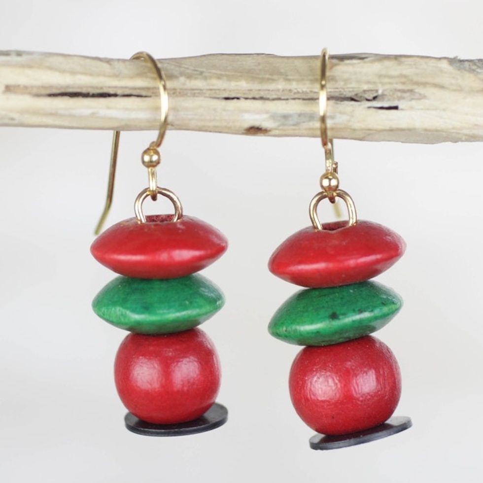 Red and Green Stacked Sese Wood Beaded Dangle Earrings 'Boho Pebbles'