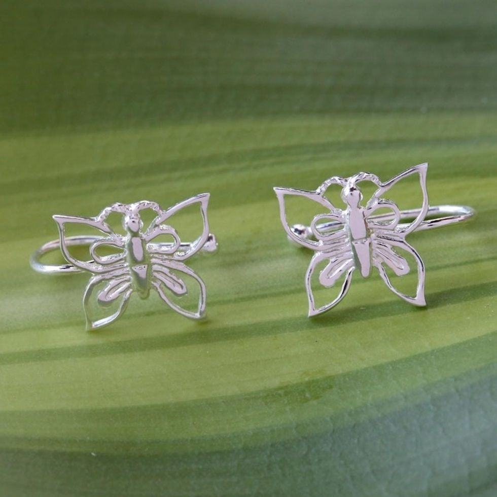 925 Silver Butterfly Ear Cuffs Artisan Crafted in Thailand 'Demure Butterflies'