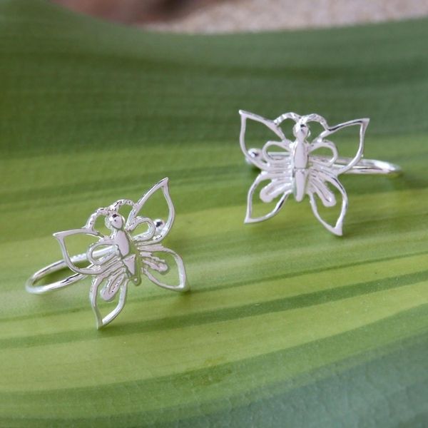 Alternate image for 925 Silver Butterfly Ear Cuffs Artisan Crafted in Thailand Demure Butterflies