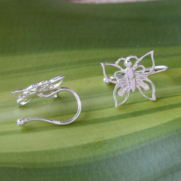 Alternate image for 925 Silver Butterfly Ear Cuffs Artisan Crafted in Thailand Demure Butterflies