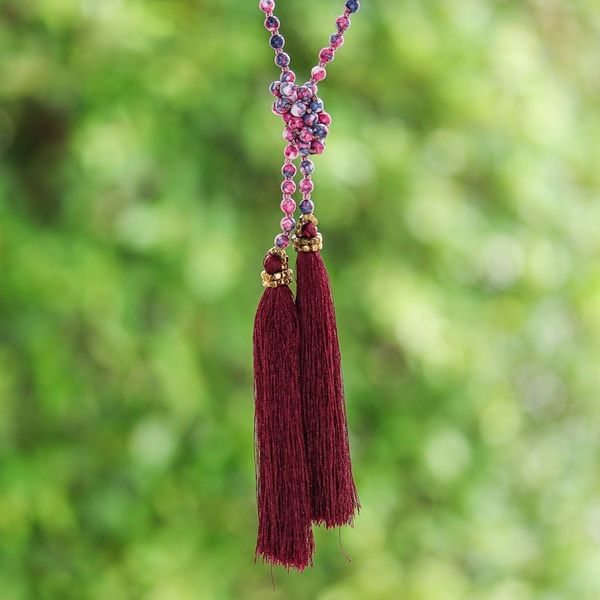 Alternate image for Agate Beaded Lariat Necklace in Dark Red from Thailand Festive Holiday in Dark Red