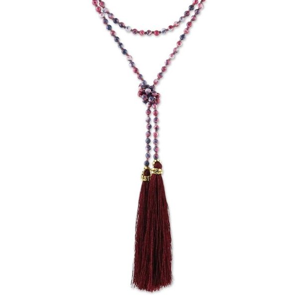 Alternate image for Agate Beaded Lariat Necklace in Dark Red from Thailand Festive Holiday in Dark Red