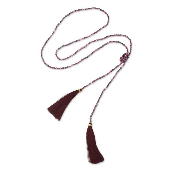 Alternate image for Agate Beaded Lariat Necklace in Dark Red from Thailand Festive Holiday in Dark Red
