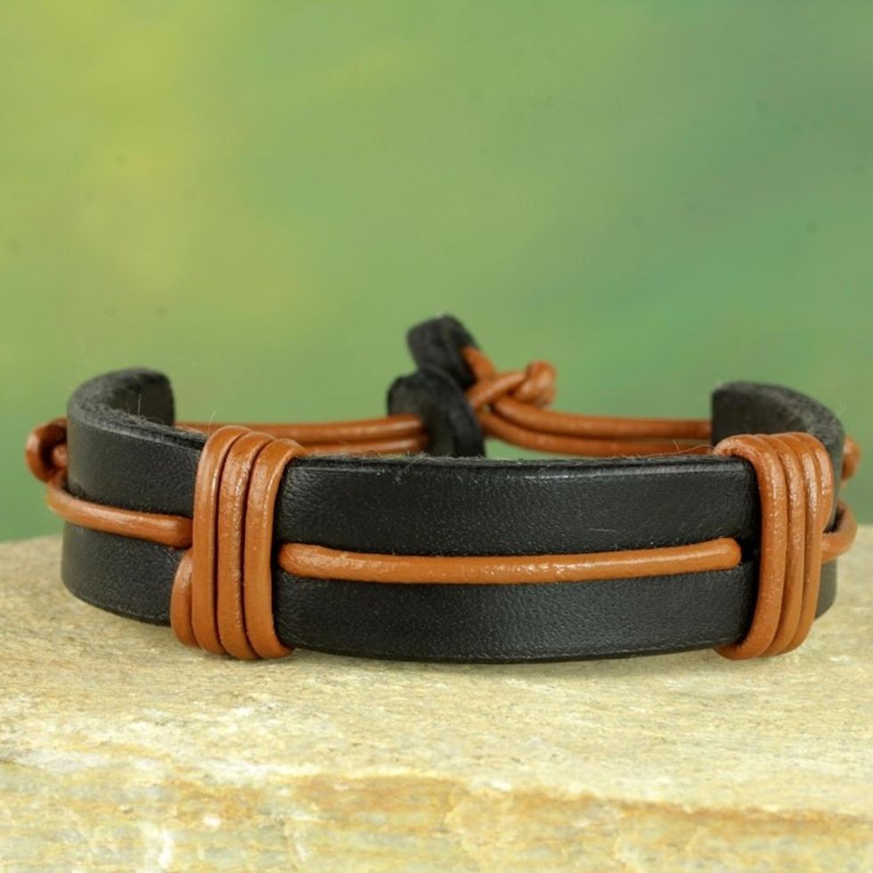 Men's Brown and Black Leather Wristband Bracelet from Ghana 'Enduring Strength'