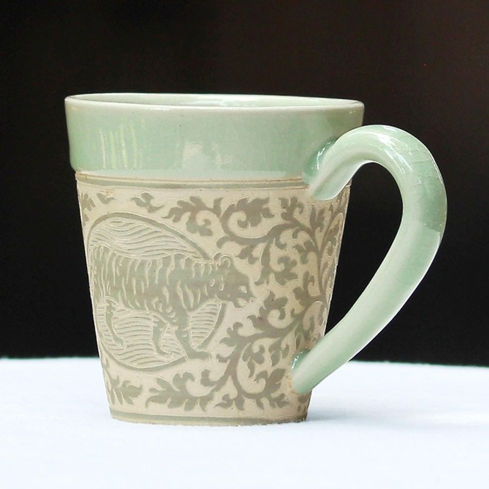 Hand Crafted Ceramic Mug with Tiger from Thailand 'Thai Zodiac Tiger'