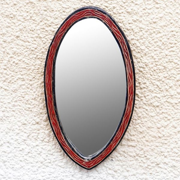 Image for Hand Made Oval Shaped Wood Wall Mirror from West Africa Nkosua