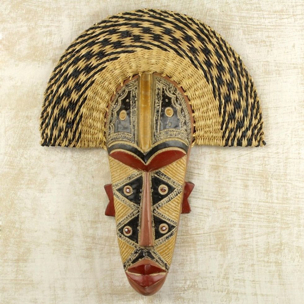 Hand Made African Mask with Wood and Raffia Accents 'Prosper'