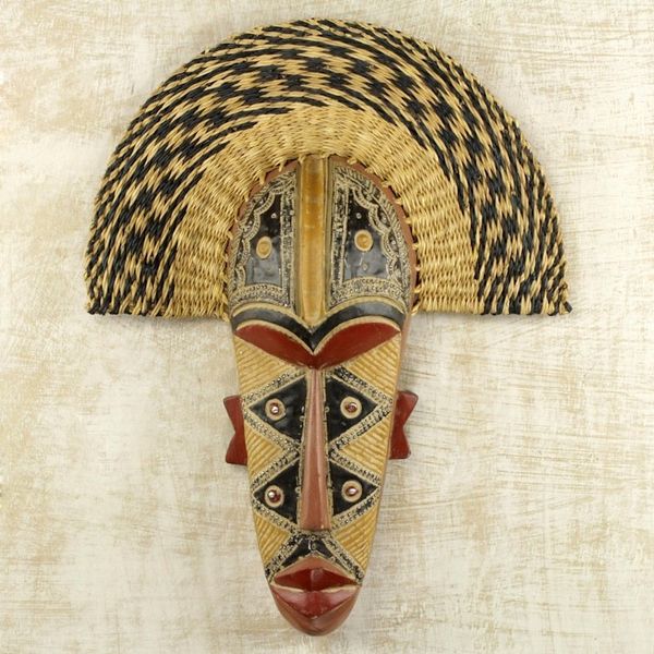 Alternate image for Hand Made African Mask with Wood and Raffia Accents Prosper