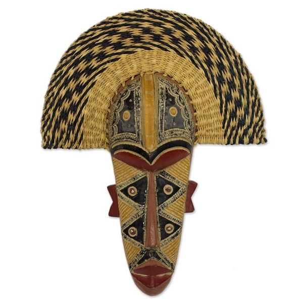 Alternate image for Hand Made African Mask with Wood and Raffia Accents Prosper