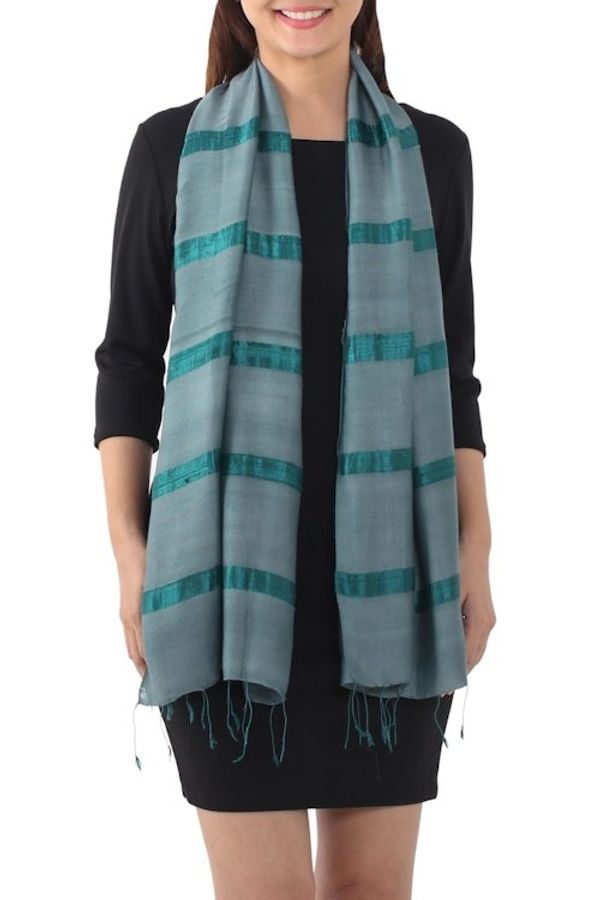 Alternate image for Handwoven Striped Silk Blend Scarf in Viridian from Thailand Sound of Nature in Viridian