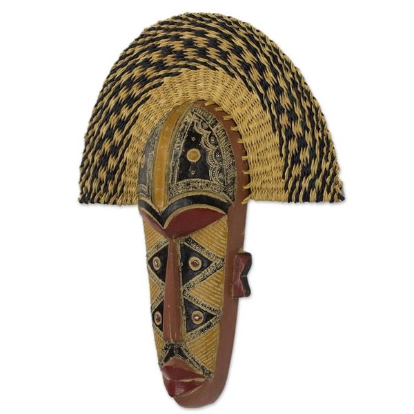Alternate image for Hand Made African Mask with Wood and Raffia Accents Prosper