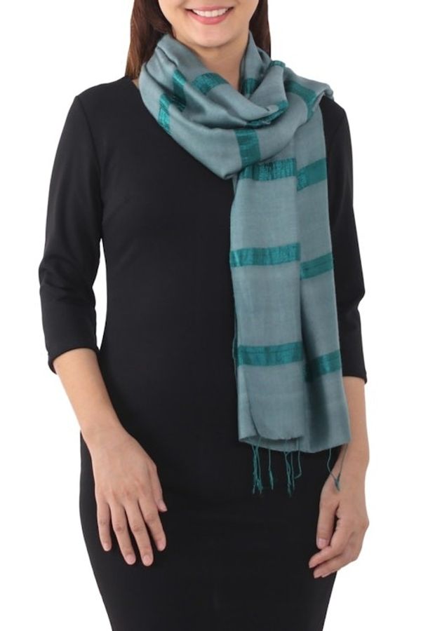 Alternate image for Handwoven Striped Silk Blend Scarf in Viridian from Thailand Sound of Nature in Viridian