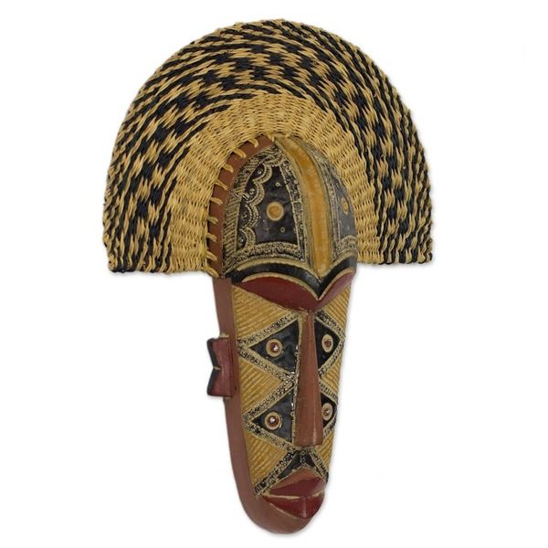 Alternate image for Hand Made African Mask with Wood and Raffia Accents Prosper