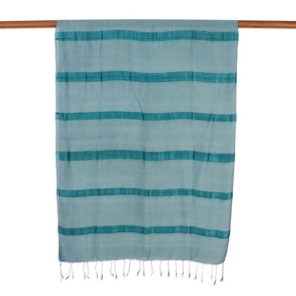 Alternate image for Handwoven Striped Silk Blend Scarf in Viridian from Thailand Sound of Nature in Viridian