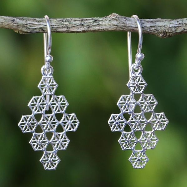 Alternate image for Honeycomb Flower Earrings Hand Crafted in Sterling Silver Honeycomb Flowers