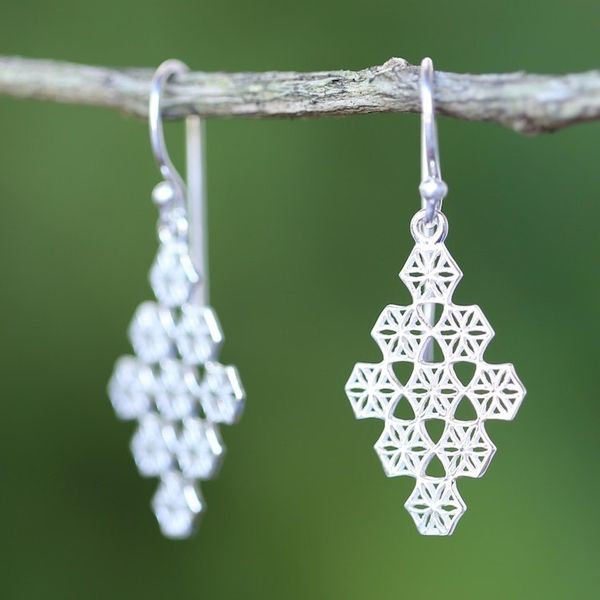 Alternate image for Honeycomb Flower Earrings Hand Crafted in Sterling Silver Honeycomb Flowers