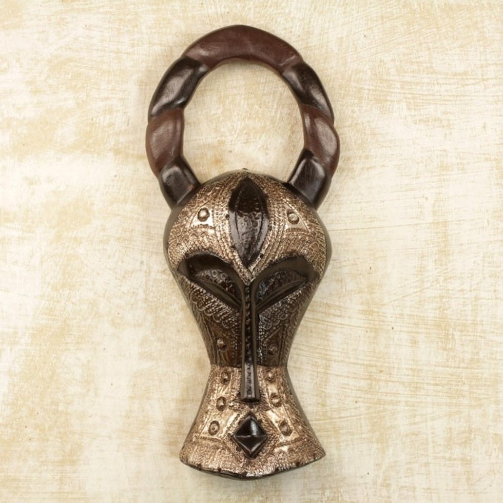 Hand Crafted Sese Wood and Aluminum Wall Mask from Ghana 'Boldly Shimmering'