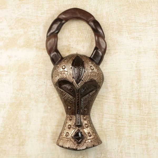 Alternate image for Hand Crafted Sese Wood and Aluminum Wall Mask from Ghana Boldly Shimmering