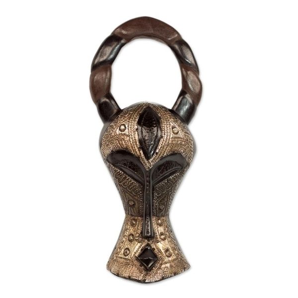 Alternate image for Hand Crafted Sese Wood and Aluminum Wall Mask from Ghana Boldly Shimmering