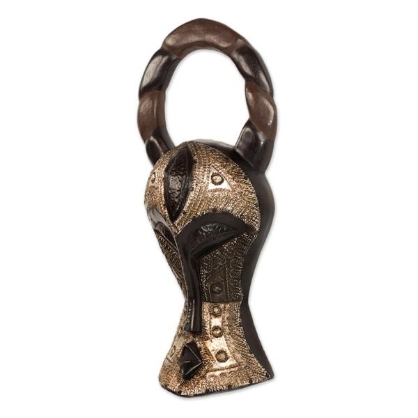 Alternate image for Hand Crafted Sese Wood and Aluminum Wall Mask from Ghana Boldly Shimmering