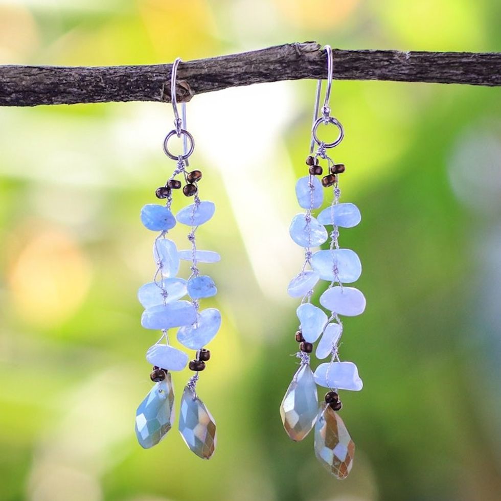 Blue Quartz and Glass Bead Dangle Earrings from Thailand 'Crystalline Drops in Blue'