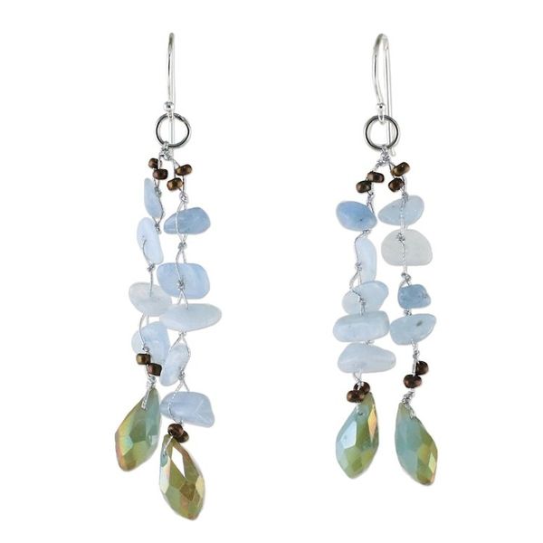 Alternate image for Blue Quartz and Glass Bead Dangle Earrings from Thailand Crystalline Drops in Blue