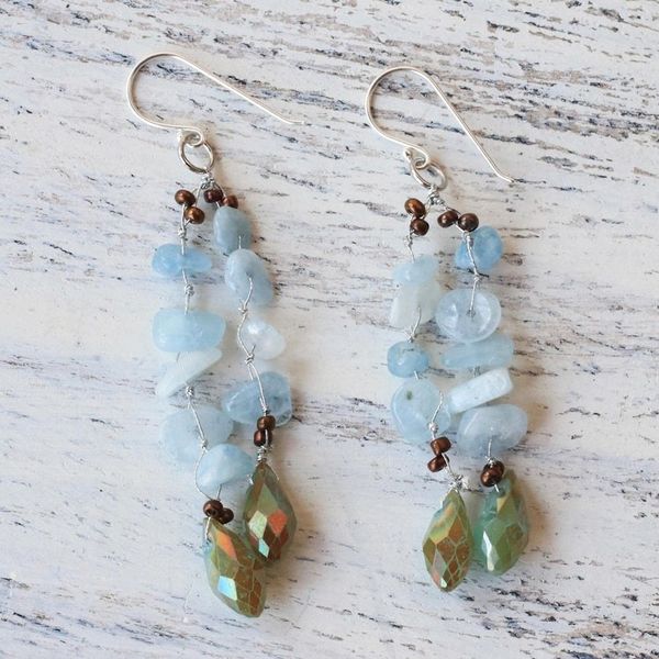 Alternate image for Blue Quartz and Glass Bead Dangle Earrings from Thailand Crystalline Drops in Blue