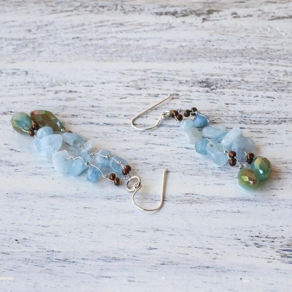 Alternate image for Blue Quartz and Glass Bead Dangle Earrings from Thailand Crystalline Drops in Blue