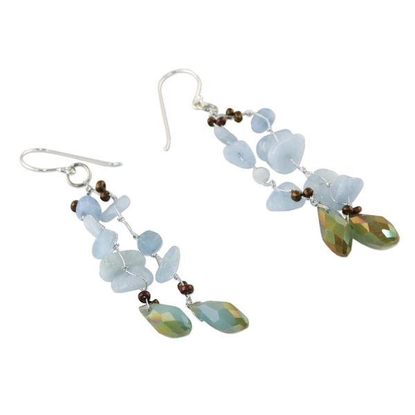 Alternate image for Blue Quartz and Glass Bead Dangle Earrings from Thailand Crystalline Drops in Blue