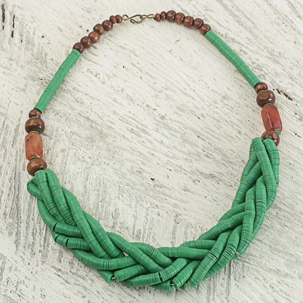 Alternate image for Handcrafted Green Braided Bead Necklace with Wood and Agate Sosongo in Green