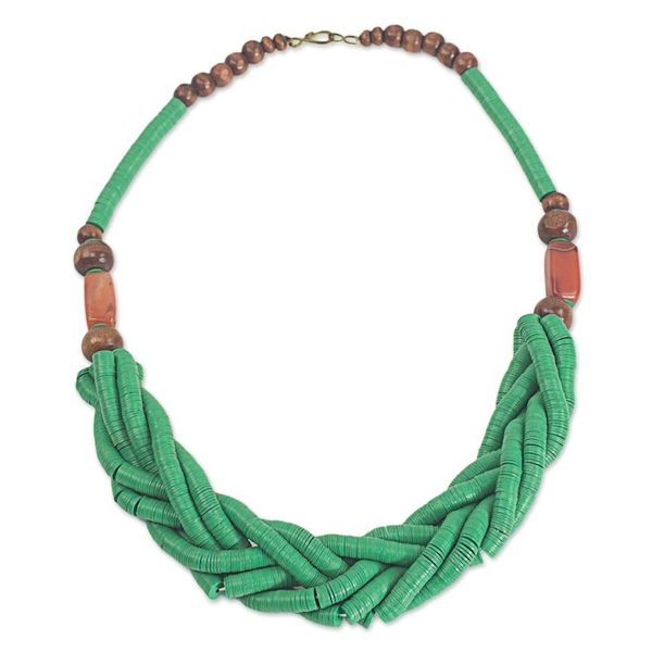 Alternate image for Handcrafted Green Braided Bead Necklace with Wood and Agate Sosongo in Green