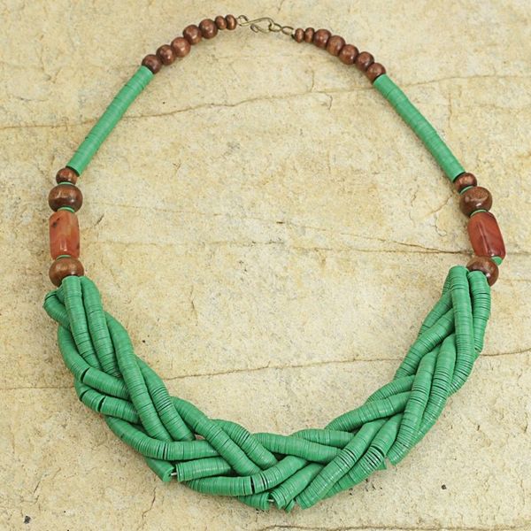 Alternate image for Handcrafted Green Braided Bead Necklace with Wood and Agate Sosongo in Green