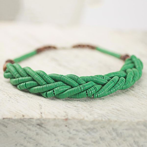 Alternate image for Handcrafted Green Braided Bead Necklace with Wood and Agate Sosongo in Green