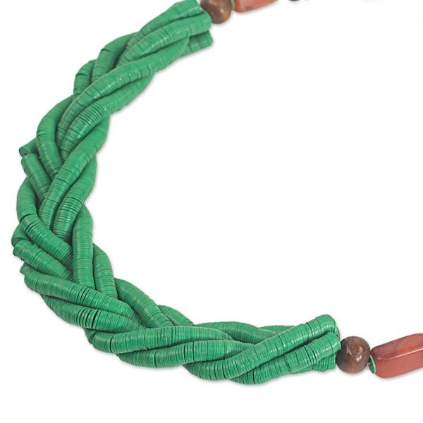 Alternate image for Handcrafted Green Braided Bead Necklace with Wood and Agate Sosongo in Green