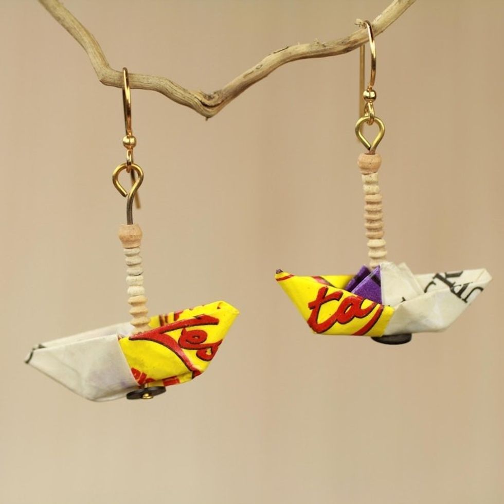 Recycled Paper Sailboat Earrings Crafted by Hand in Ghana 'Yellow Boats'